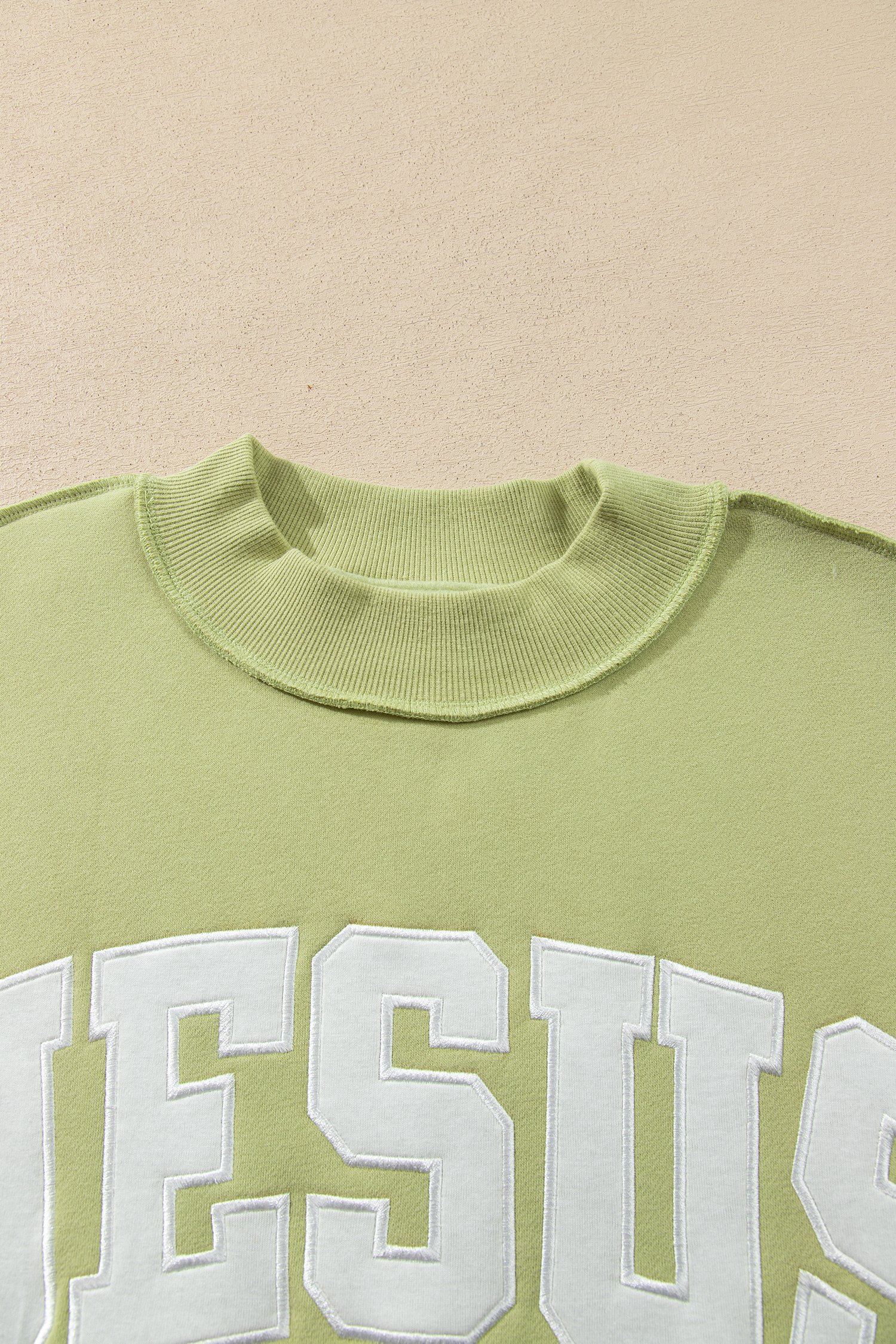 Meadow Mist Green JESUS Letter Patch Graphic Exposed Seam Mock Neck Baggy Sweatshirt