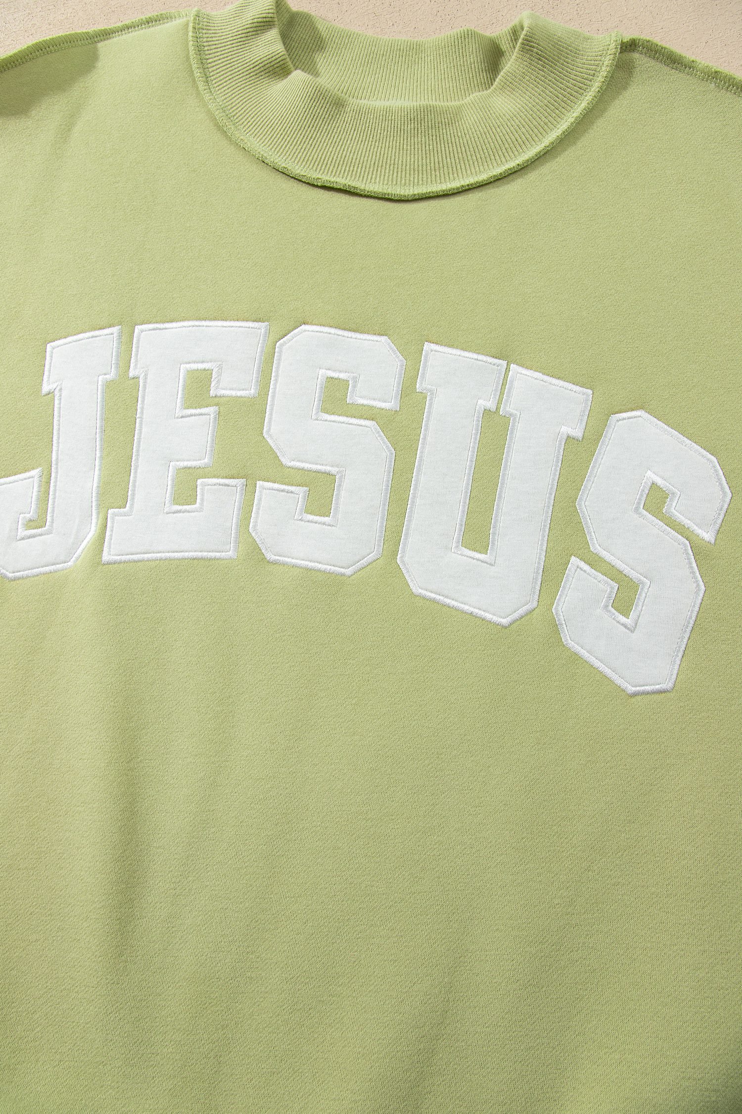 Meadow Mist Green JESUS Letter Patch Graphic Exposed Seam Mock Neck Baggy Sweatshirt
