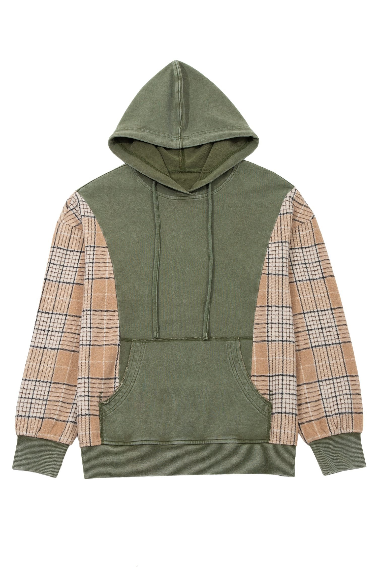 Moss Green Plaid Sleeve Drawstring Pocket Hooded Sweatshirt