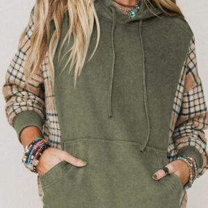 Moss Green Plaid Sleeve Drawstring Pocket Hooded Sweatshirt