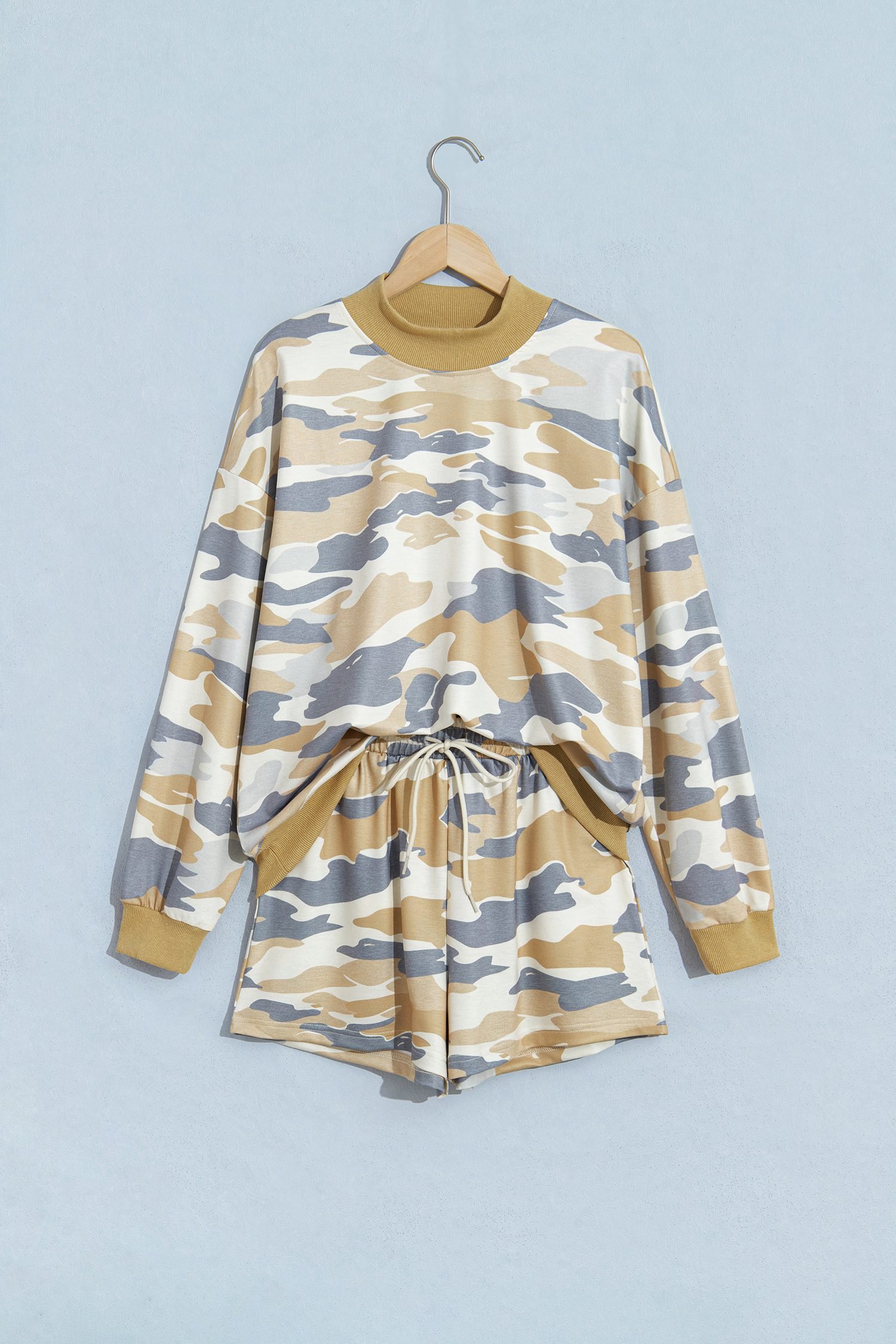 Multicolour Camouflage Print Long Sleeve Top Drawstring Shorts Set