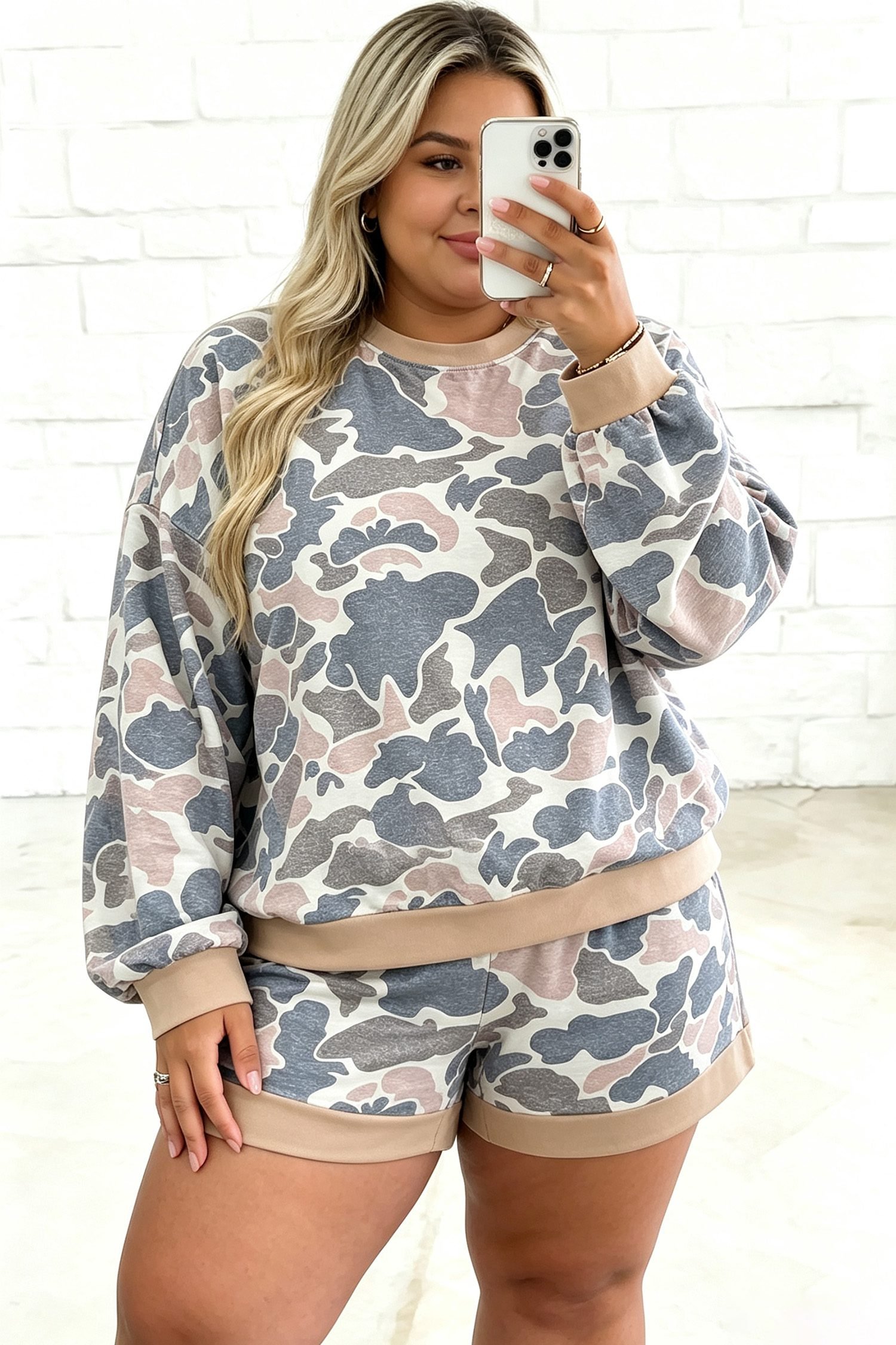 Multicolour Camouflage Print Round Neck Drop Shoulder Pullover Plus Size Shorts Set