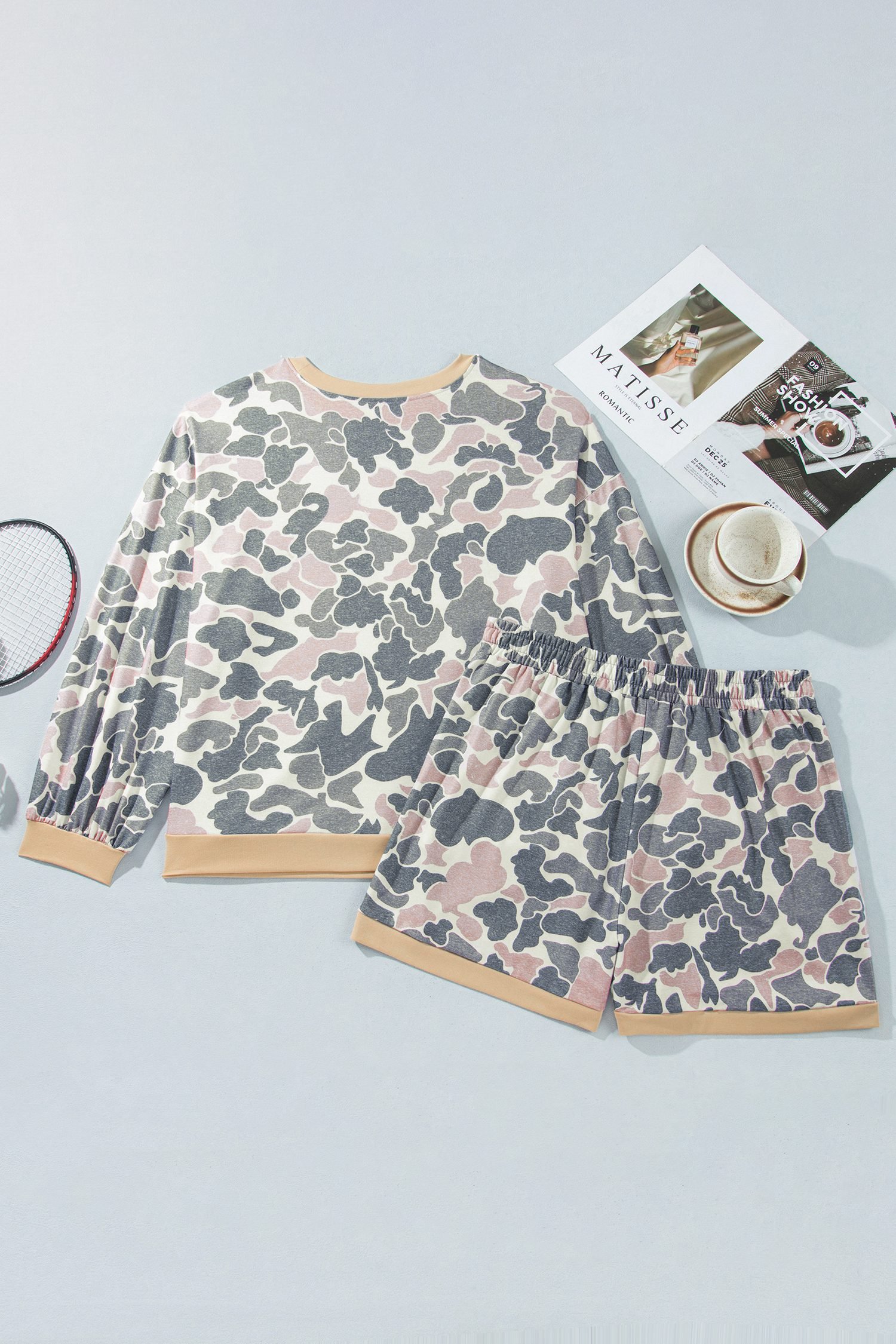 Multicolour Camouflage Print Round Neck Drop Shoulder Pullover Plus Size Shorts Set