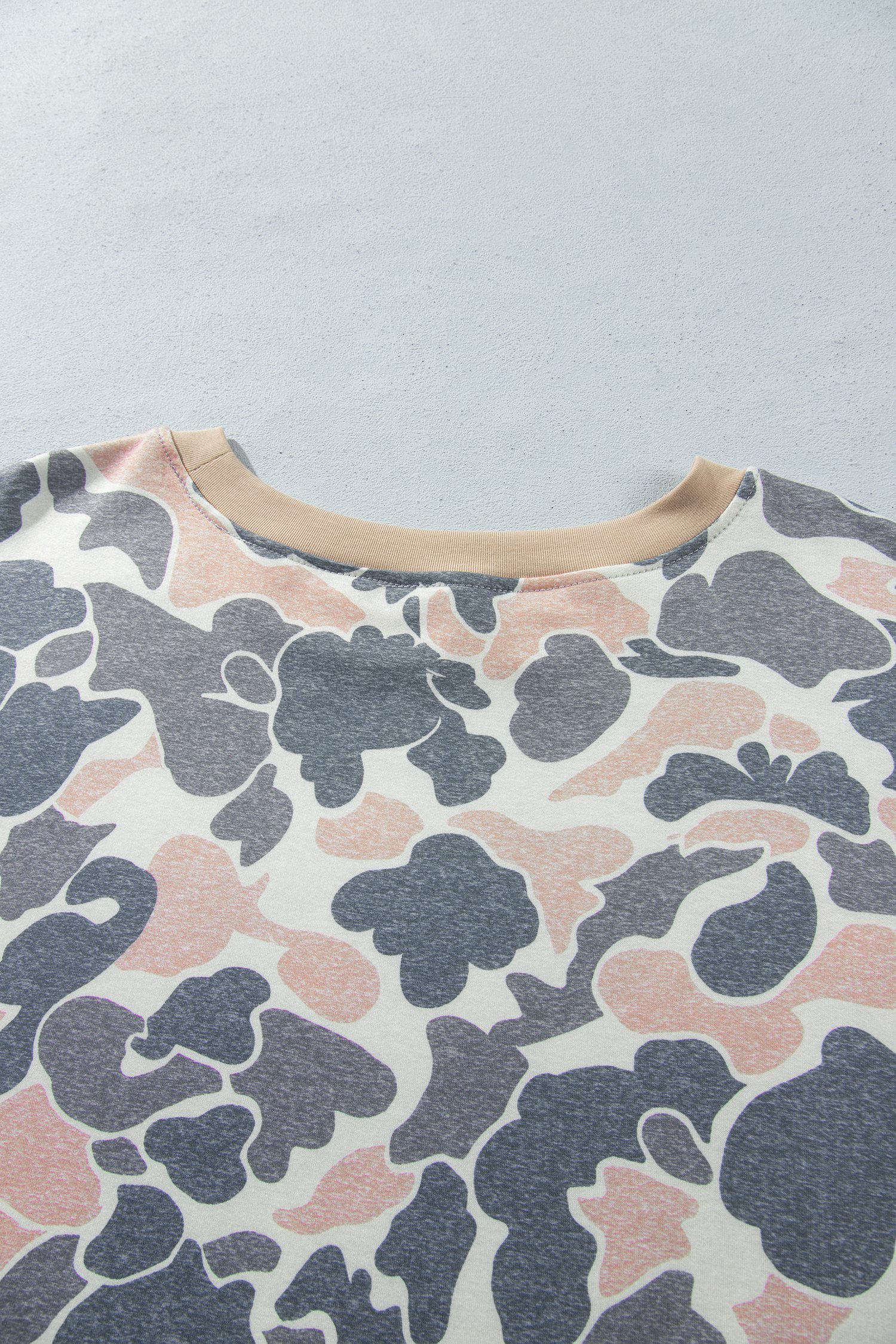 Multicolour Camouflage Print Round Neck Drop Shoulder Pullover Plus Size Shorts Set