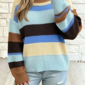 Multicolour Color Block Striped Round Neck Relaxed Sweater