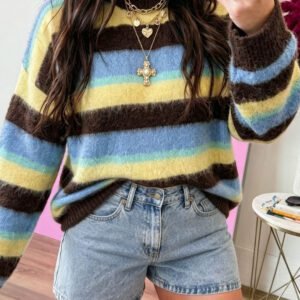 Multicolour Fuzzy Striped Knit Round Neck Casual Shift Sweater