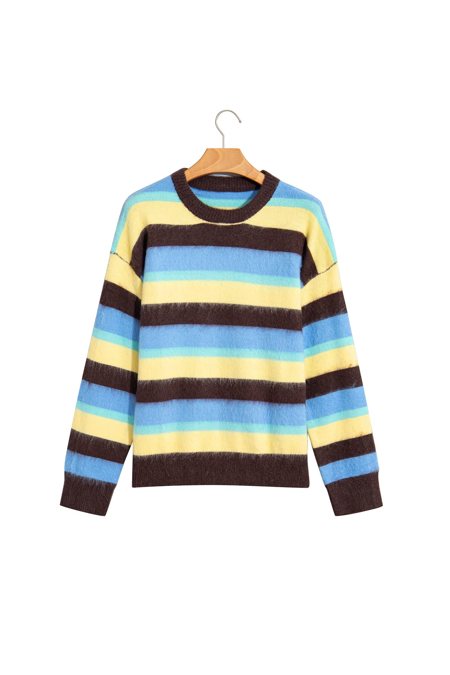 Multicolour Fuzzy Striped Knit Round Neck Casual Shift Sweater
