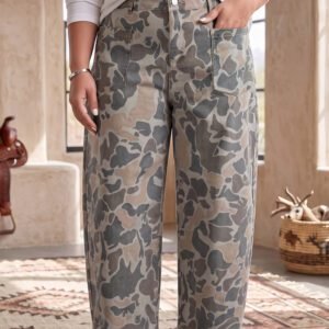 Multicolour Plus Size Camouflage Print High Rise Barrel Jeans