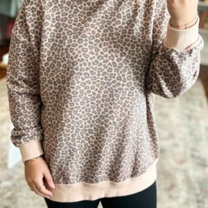 Multicolour Plus Size Leopard Print Ribbed Color Block Mock Neck Tunic Sweatshirt