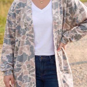 Multicolour Retro Camouflage Print Plus Size Open Tunic Cardigan