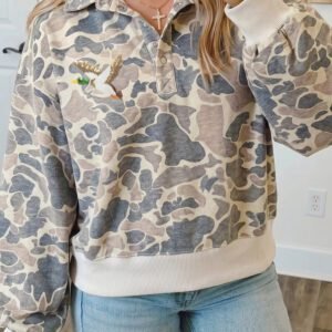 Multicolour Sequin Duck Camo Collared Pullover Sweatshirt