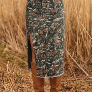 Multicolour Woodland Camouflage Split Raw Hem Midi Western Skirt
