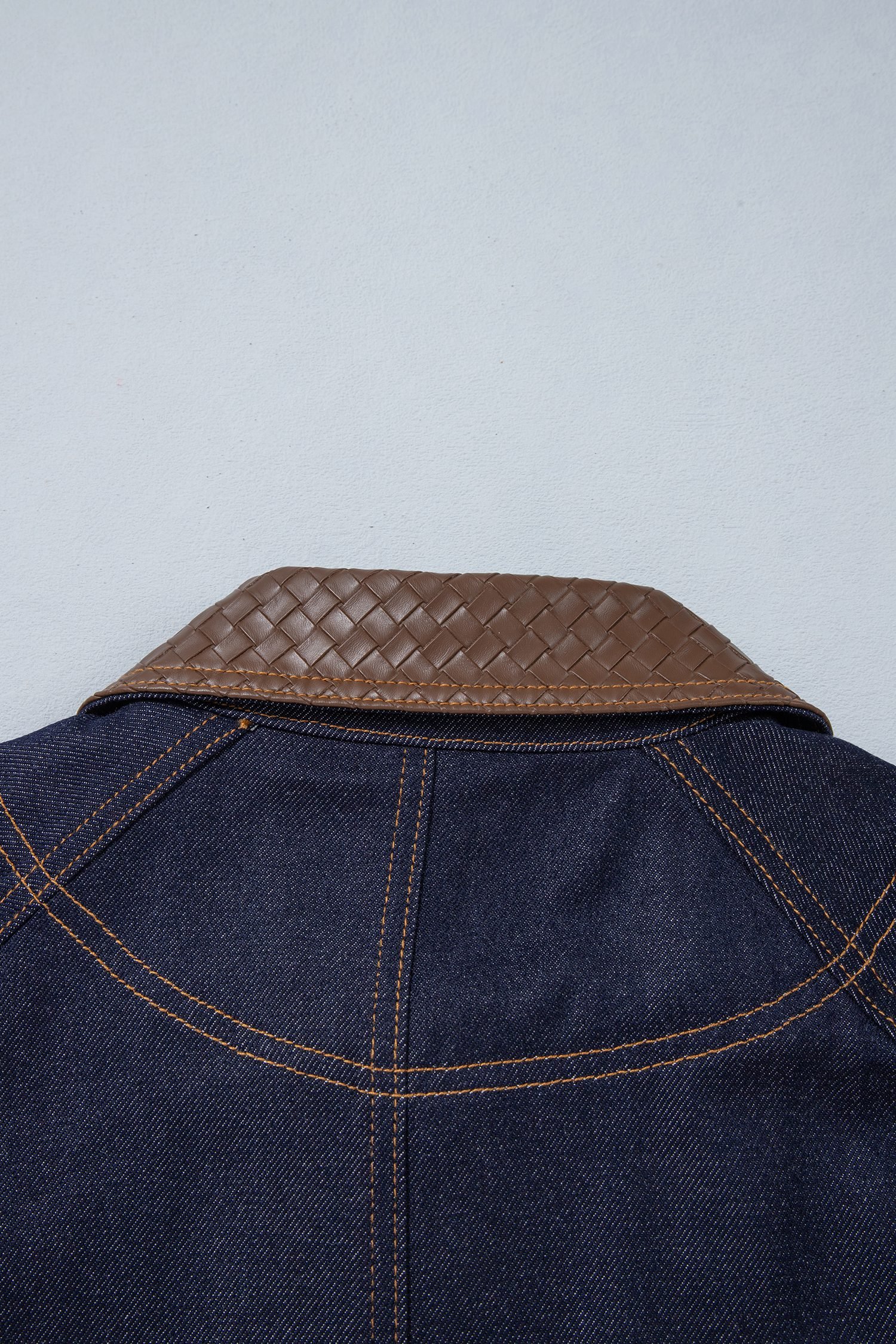 Navy Blue Contrast Collar Stitched Detail Button Denim Jacket