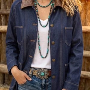 Navy Blue Contrast Collar Stitched Detail Button Denim Jacket