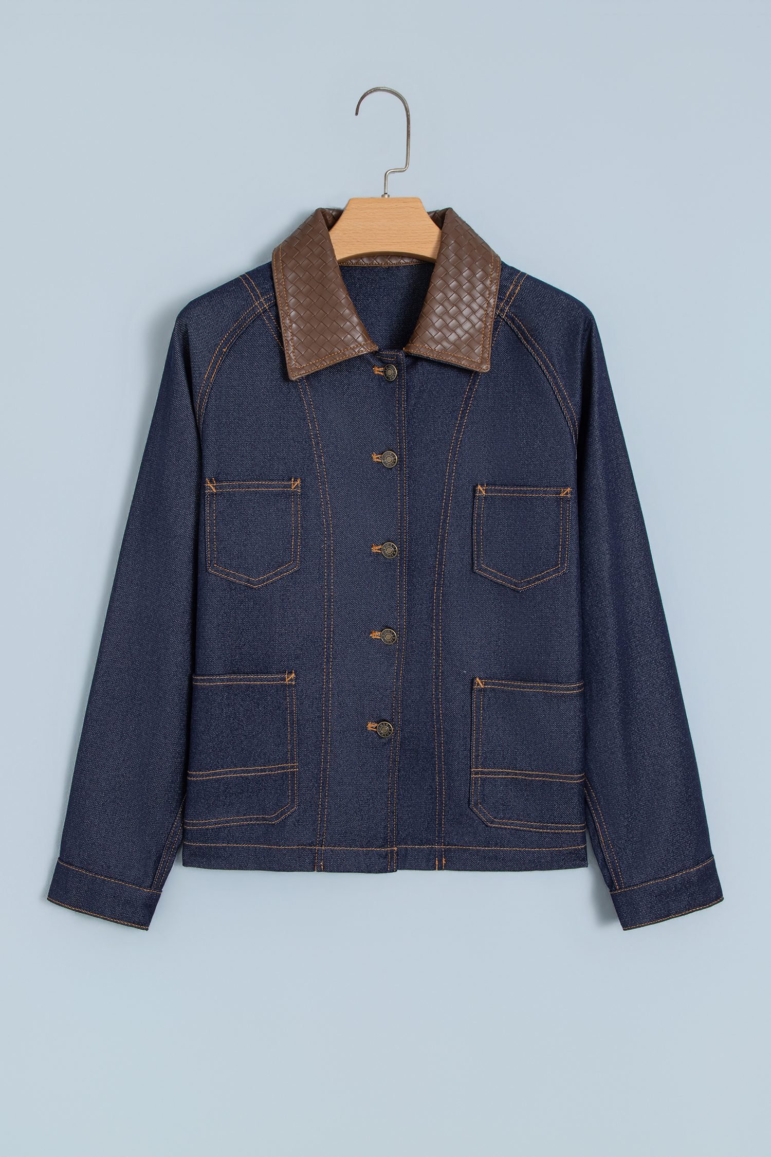 Navy Blue Contrast Collar Stitched Detail Button Denim Jacket