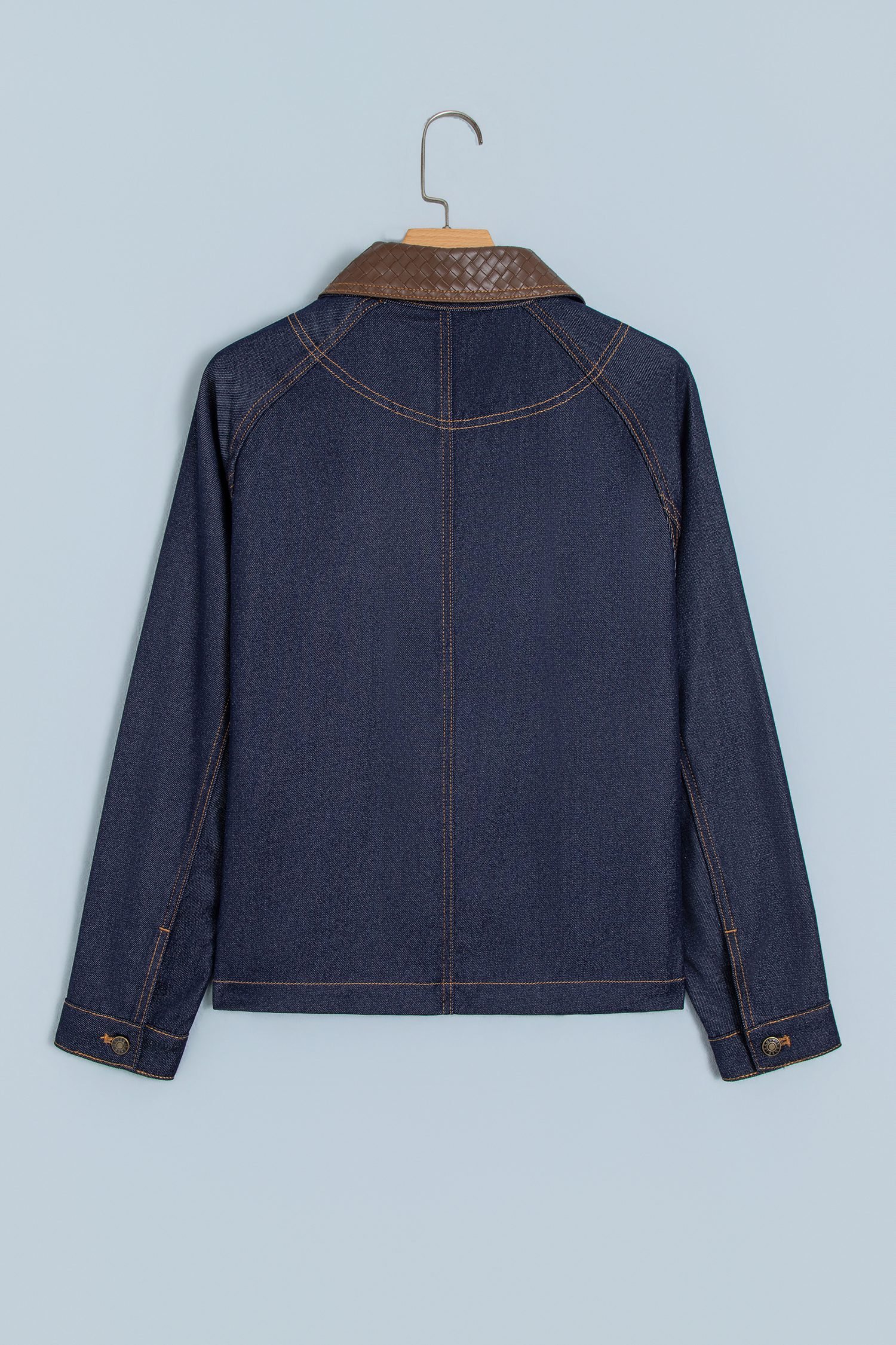Navy Blue Contrast Collar Stitched Detail Button Denim Jacket