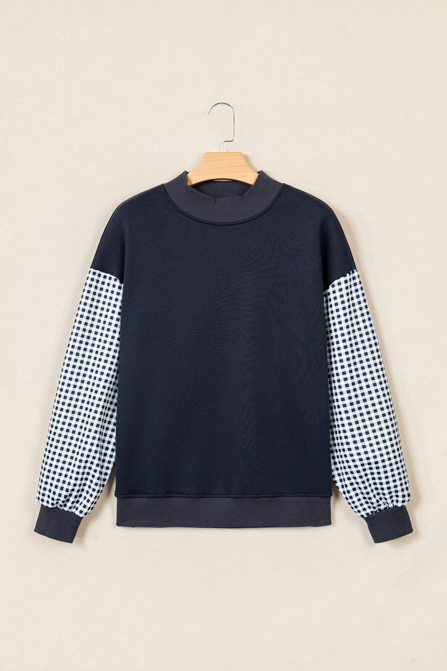 Navy Blue Plaid Sleeve Colorblock Loose Tunic Sweatshirt