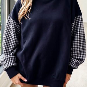 Navy Blue Plaid Sleeve Colorblock Loose Tunic Sweatshirt