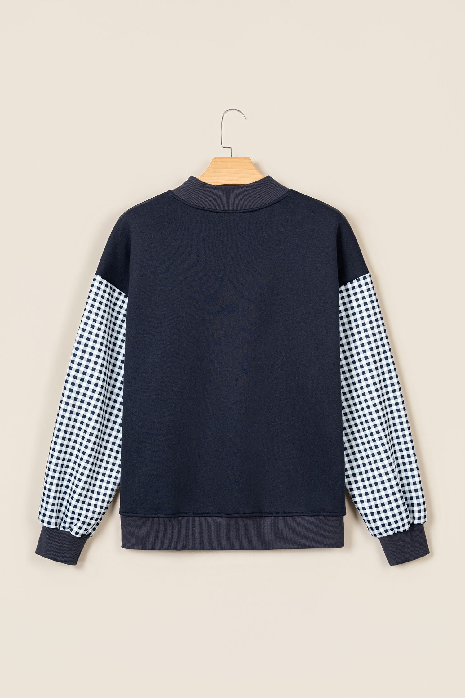 Navy Blue Plaid Sleeve Colorblock Loose Tunic Sweatshirt