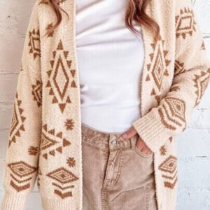 Oatmeal Fuzzy Aztec Print Open Knit Sweater Tunic Cardigan