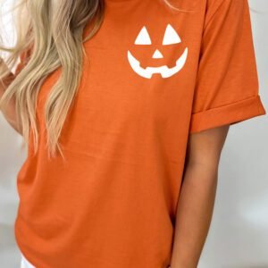 Orange Halloween Pumpkin Face Graphic T Shirt