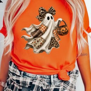 Orange Leopard Bow Halloween Ghost Printed T Shirt