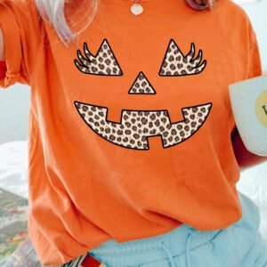 Orange Leopard Print Halloween Pumpkin Face Round Neck Casual Tee