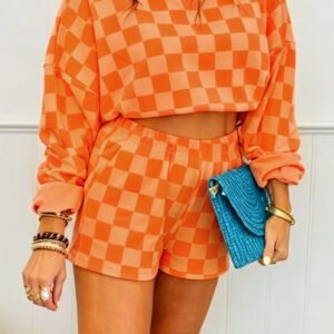 Orange Plaid Checkered Long Sleeve Crop Top Elastic Waist Shorts Two Piece Set