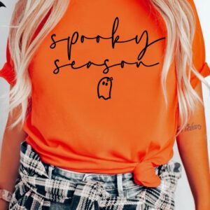 Orange Spooky Season Ghost Graphic Halloween Short Sleeve Tee