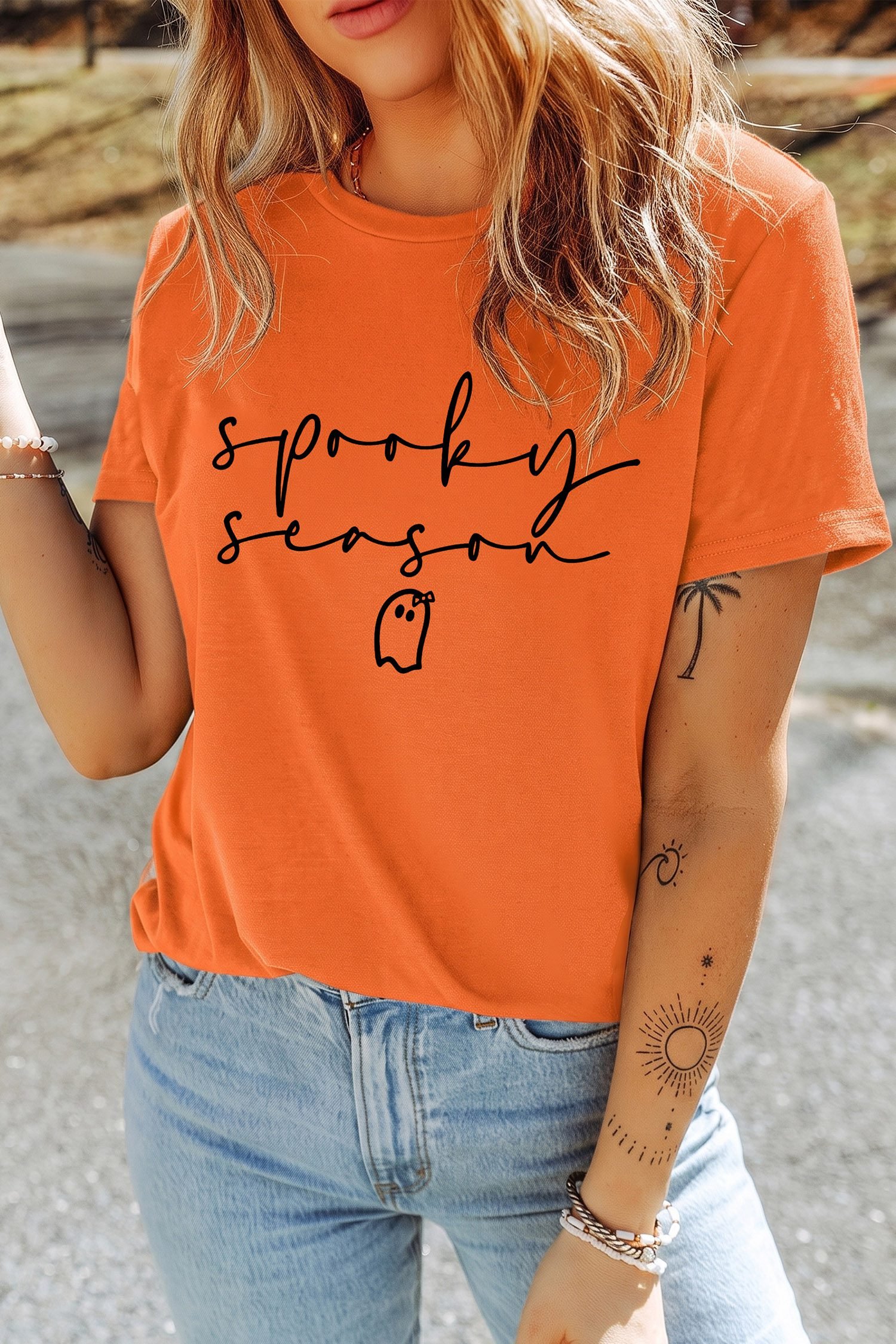 Orange Spooky Season Ghost Graphic Halloween Short Sleeve Tee