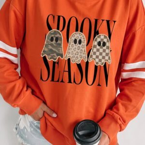 Orange Spooky Season Ghost Graphic Varsity Striped Sleeve Halloween Pullover Sweatshirt