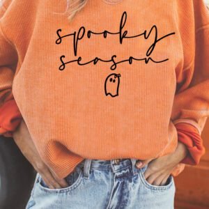 Orange Spooky Season Ghost Letter Print Cozy Ribbed Pullover Sweatshirt