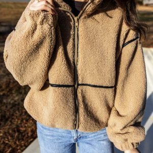 Parchment Drop Shoulder Collar Long Sleeve Fleece Regular Fit Jacket