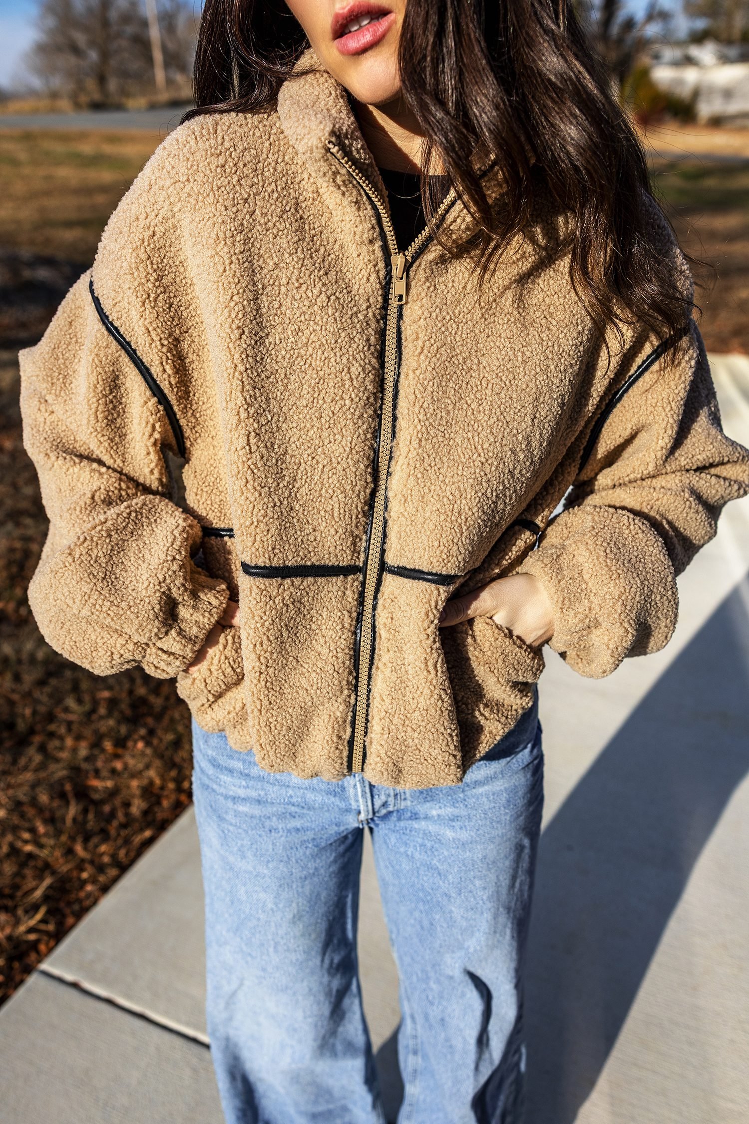 Parchment Drop Shoulder Collar Long Sleeve Fleece Regular Fit Jacket