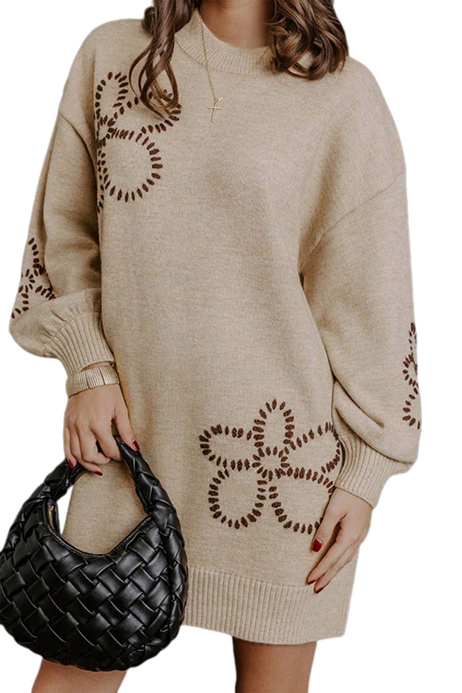 Parchment Floral Pattern Round Neck Puff Sleeve Shift Sweater Dress
