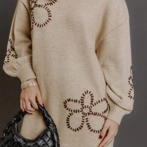Parchment Floral Pattern Round Neck Puff Sleeve Shift Sweater Dress