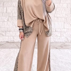 Parchment Leopard Print Twisted Ribbed Patchwork Long Sleeve Top Loose Pant Set