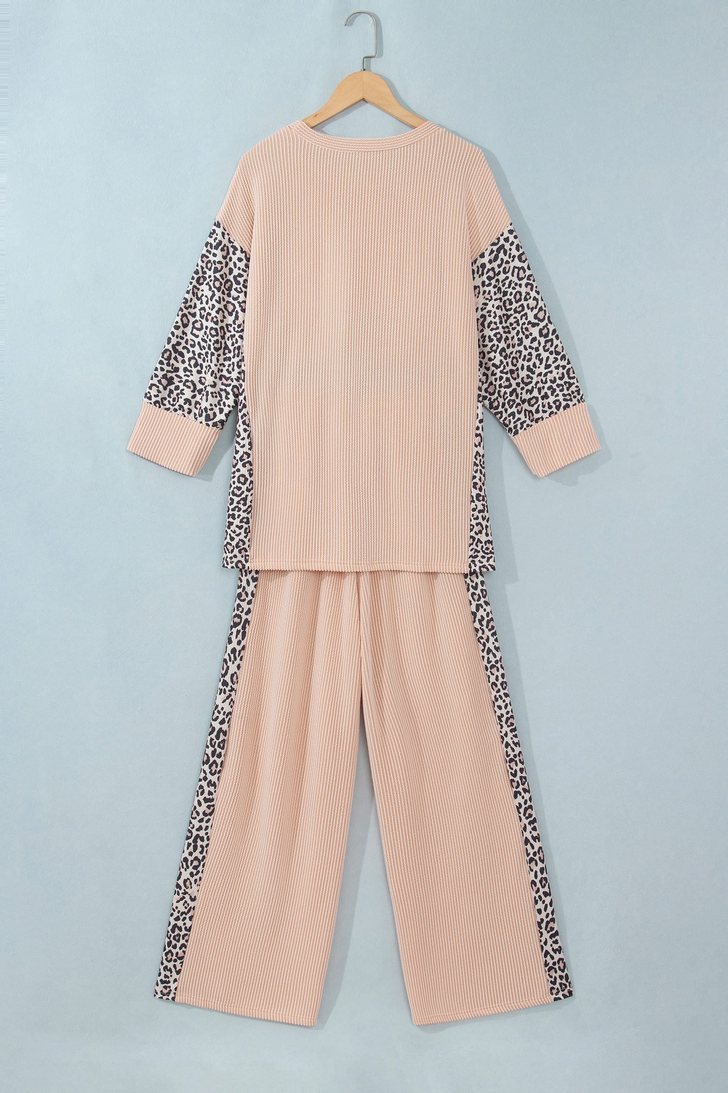 Parchment Leopard Print Twisted Ribbed Patchwork Long Sleeve Top Loose Pant Set
