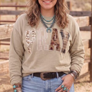 Parchment PRAY Letter Patchwork Round Neck Long Sleeve Plus Size Sweatshirt