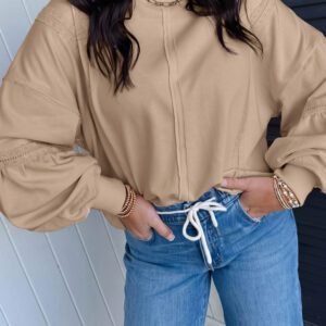 Parchment Solid Color Raw Seam Lace Detail Loose Casual Sweatshirt