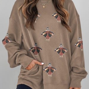 Parchment Trendy Textured Sequin Turkey Graphic Casual Pullover Sweatshirt