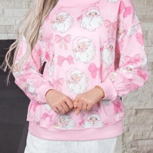 Pink Abstract Santa Print Drop Shoulder High Neck Sweatshirt