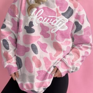 Pink Camo Print Howdy Western Style Baggy Pullover Sweatshirt
