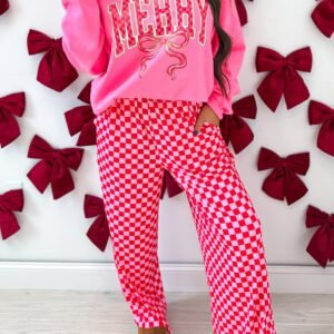 Pink Christmas Slogan Graphic Plaid Contrast Two-piece Pant Set