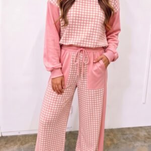 Pink Color Block Plaid Patchwork Long Sleeve Pullover Wide Leg Pant Set