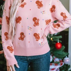 Pink Festive Gingerbread Pattern Long Sleeve Round Neck Sweater