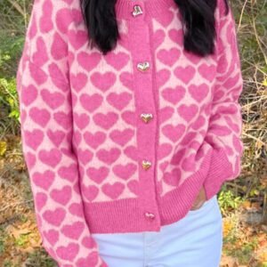 Pink Heart Pattern Drop Shoulder Long Sleeve Button Front Cardigan