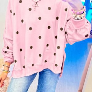 Pink Polka Dot Loose Long Sleeve Split Hem Pullover Top