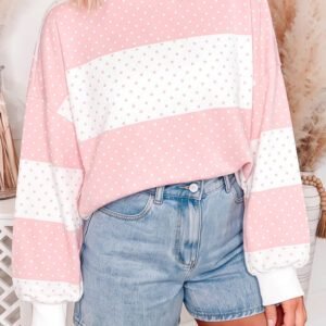 Pink Polka Dot Patchwork Colorblock Long Sleeve Top