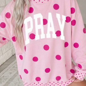Pink PRAY Graphic Polka Dot Mock Neck Pullover Sweatshirt